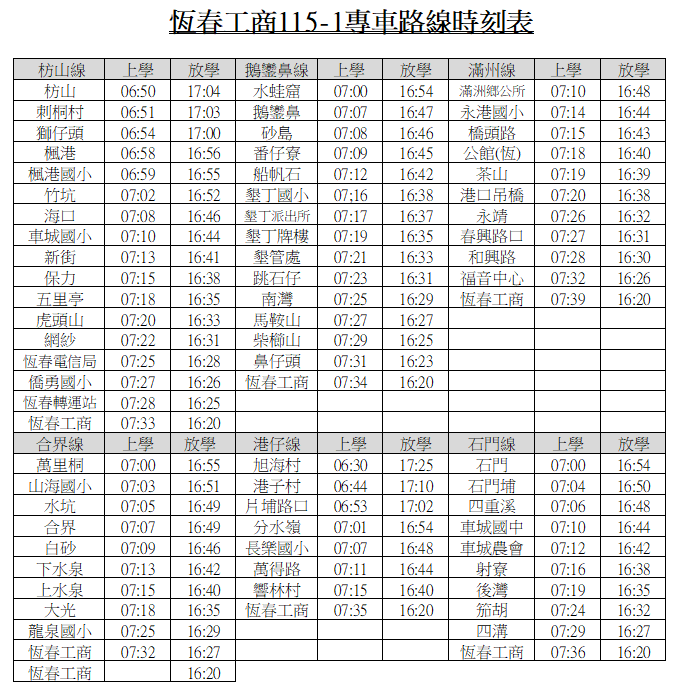 恆春工商115-1校車路線表